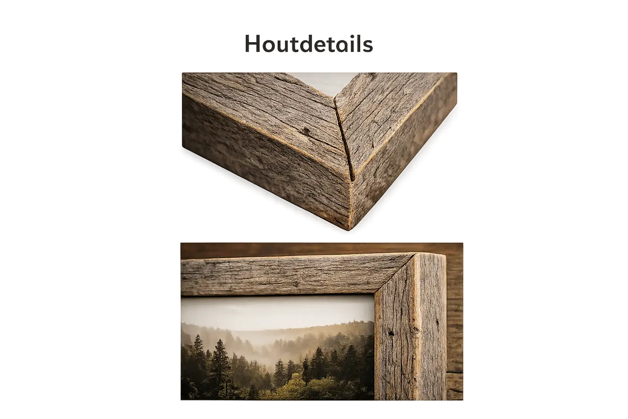 Detail van houtnerf en hoeken van de lijst